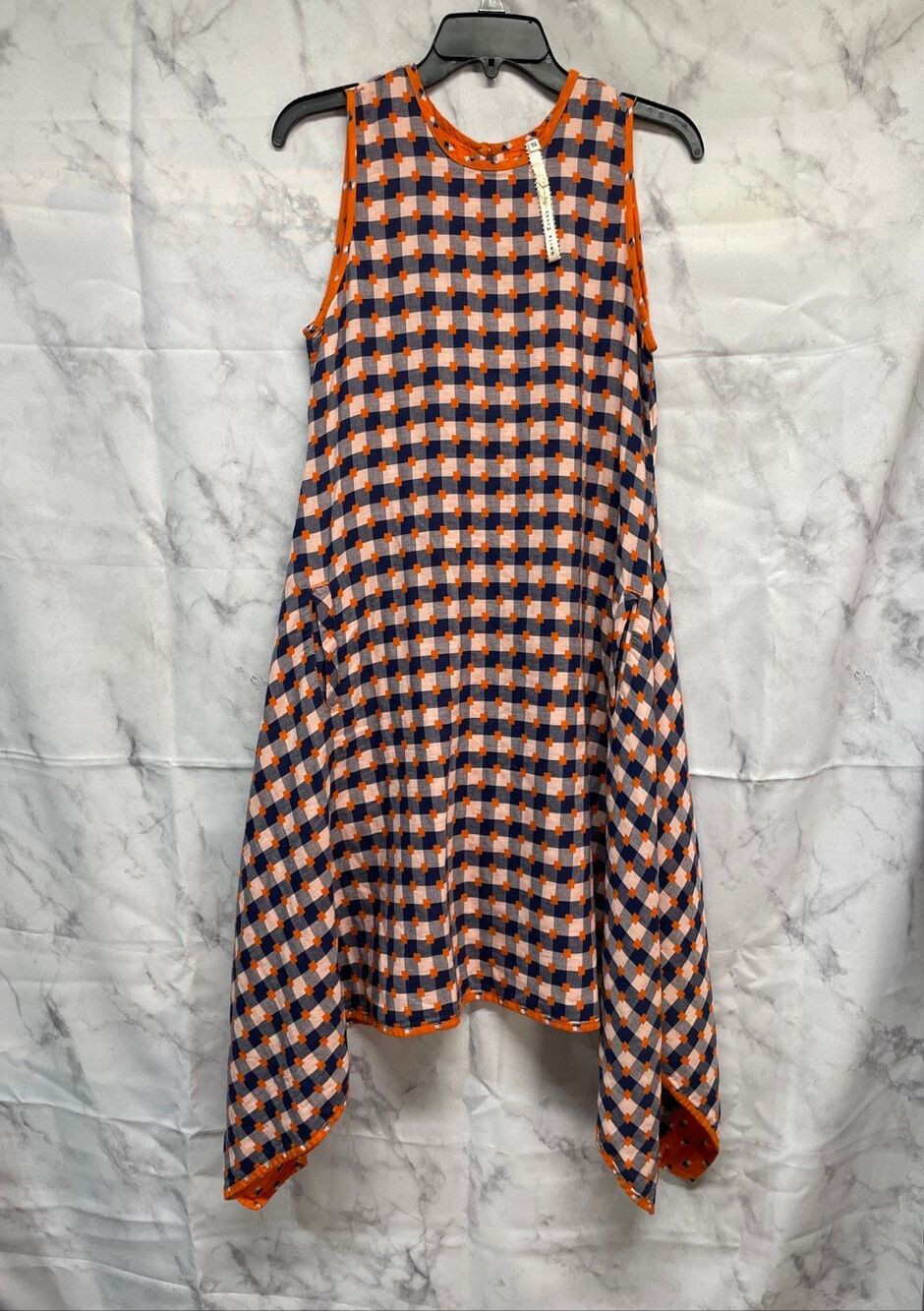 Uncle Frank Ivy Jane Orange Navy Geometric Cotton Handkerchief Hem Boho Dress Sm